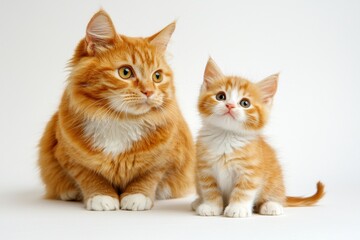 Adorable Orange Tabby Cat and Kitten Sitting Together on a White Background Looking Curious