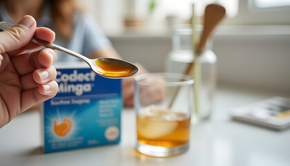 Person holding a spoon with medicine over a glass on a table in a warm home environment
