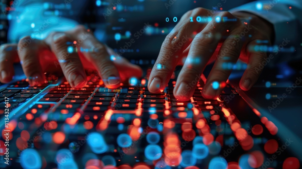 Poster hands typing on a keyboard with digital data overlay, symbolizing technology and information.