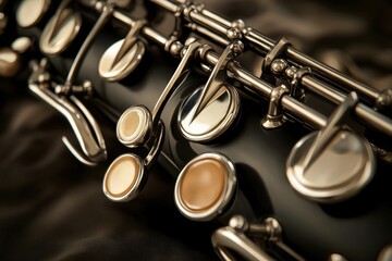 Obraz premium Close-up of a silver flute showcasing intricate keys and luxurious details on a dark velvet background.