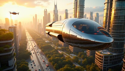 Futuristic Spacecraft Gliding Above a Green City at Dawn