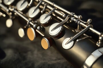 Obraz premium Close-up view of a silver flute showcasing intricate keys and craftsmanship against a dark background.