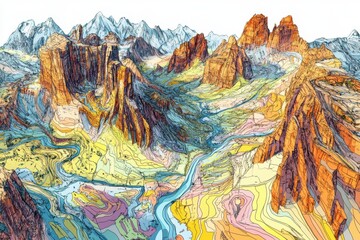 A vibrant, colorful illustration of a mountainous landscape with winding rivers, showcasing intricate geological features.