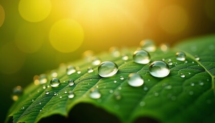 Macro Photograph of Dewy Green Leaf with Intricate Veins and Bokeh Background