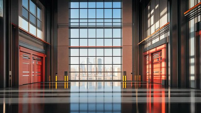 Spacious industrial interior with large windows offering city skyline view and polished floors in morning light