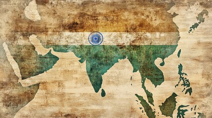 Vintage map of India and surrounding regions, distressed and aged wooden texture.