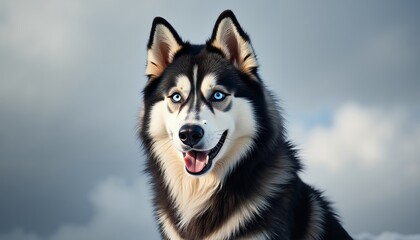 Fototapeta premium Majestic Siberian Husky with Blue Eyes and Fluffy Coat Close-Up