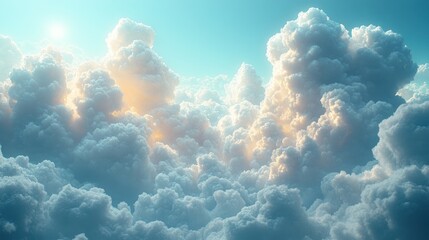 A serene view of fluffy clouds illuminated by soft sunlight.