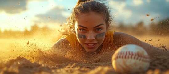 Young woman sliding into base, dirt flying, sunset.