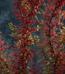 A tangled mass of wild red berry stems and leaves , wild growth, entwined