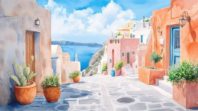 Fototapeta Watercolor Painting Depicting the Idyllic Streets of Santorini, Greece with Provence Inspired Architecture