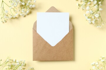 Top view photo with paper envelope and gypsophila flowers on color background 