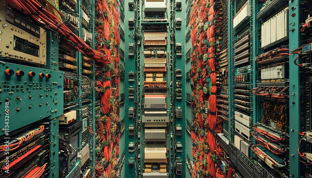 Aufkleber a view of a data center filled with servers and wiring, emphasizing technology infrastructure.