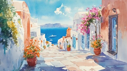Watercolor Painting Depicting the Idyllic Streets of Santorini, Greece with Provence Inspired Architecture
