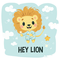 Cute cartoon lion in blue outfit with stars and clouds.