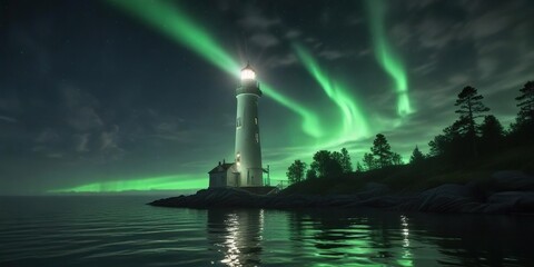 An ethereal arc of green light stretches above the lake's surface near a historic lighthouse , surreal, green glow, mystical