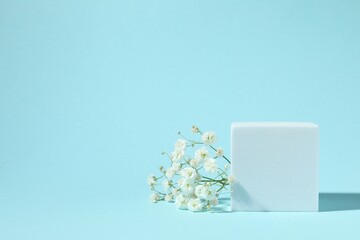 Podium and white gypsophila flowers on color background