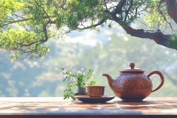 A serene scene of a brown teapot and cup beside blooming flowers, with wisps of steam rising, evoking tranquility.
