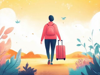 Person travels, backpack, luggage, scenic landscape.