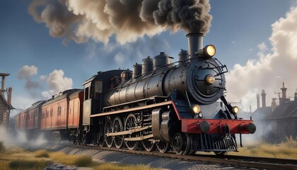 Fototapeta premium Wood steam locomotive with smoke rising from chimney, locomotive, train, wood