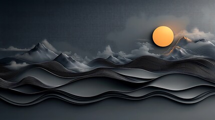 Abstract dark gray background adorned with graceful waves and traditional Chinese motifs, blending minimalism with cultural symbolism for a sophisticated text space. Ultra-Realistic, Photo Realistic, 