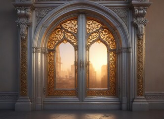 Vibrant golden light pours through an ornate silver window frame , vibrant, window