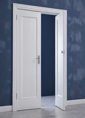A delicate white door with a narrow gap open against a deep blue wall, subtle detail, peaceful refuge, soft focus