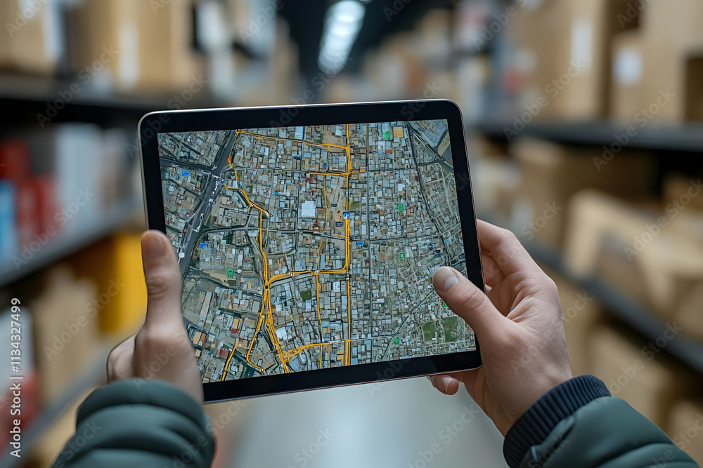 Poster a person holds a tablet displaying a map in a warehouse setting.