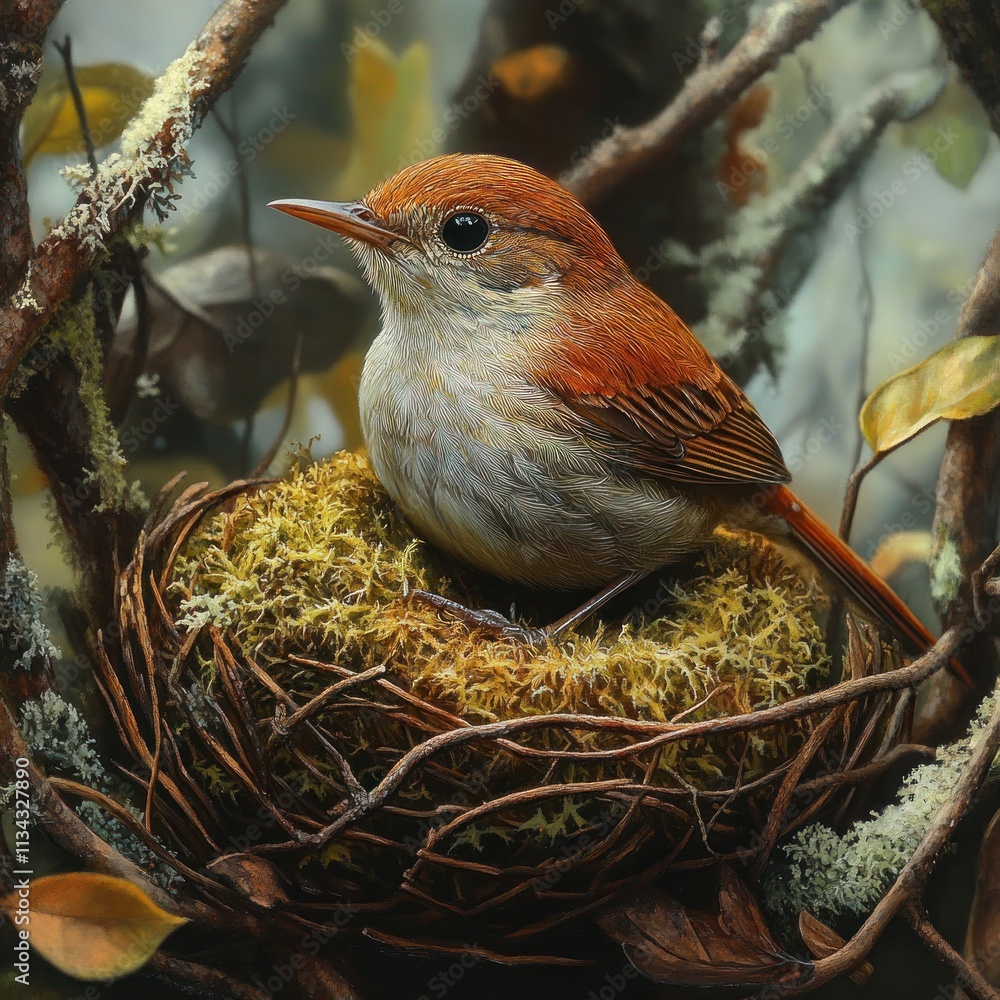 Poster a bird with reddish-brown feathers sits in a mossy nest surrounded by branches and leaves.