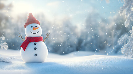 Fototapeta premium Panoramic view of happy snowman in winter secenery Snowman and Snowing Background Snowman in a Beautiful Sunny Winter Day, Generative AI