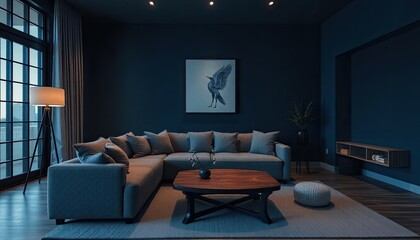 a modern living room with a large sectional sofa, a wooden coffee table, and a framed artwork of a bird on the wall. The room is dimly lit, creating a cozy and intimate atmosphere