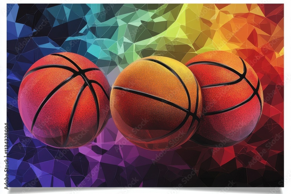 Poster three vibrant basketballs set against a colorful abstract background, creating a dynamic and energet
