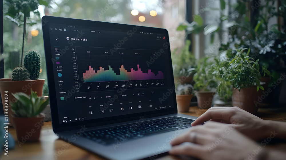 Poster a person analyzing data on a laptop with colorful graphs in a plant-filled environment.