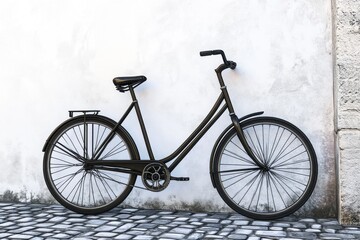 Fototapeta premium Vintage-style black bicycle parked against a textured wall in a serene urban setting.