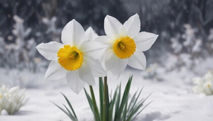 Single white daffodil in front of a soft and feathery snowy backdrop, serene, delicate, snow © methinee