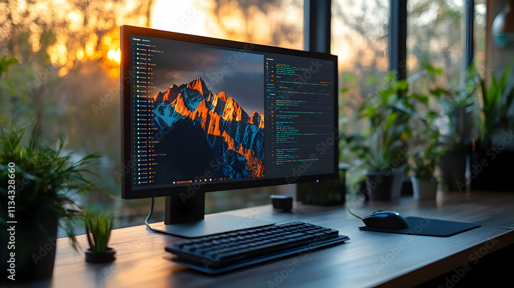 Poster a modern workspace featuring a computer displaying code against a scenic mountain backdrop.