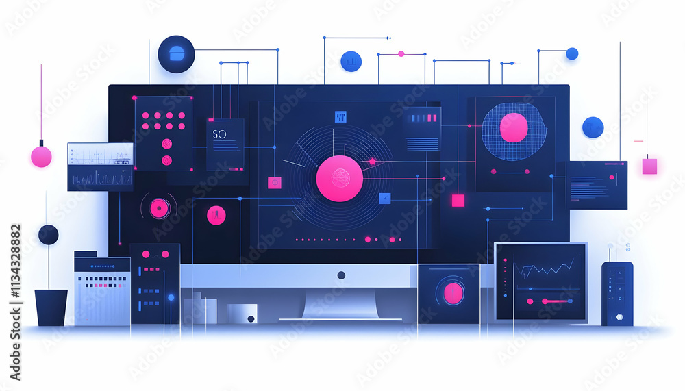 Poster a digital workspace featuring various screens and data visualizations.