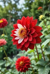 Large red dahlia flower with delicate white center blooming in a garden , blossom, central, growth