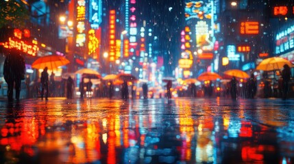 Fototapeta premium Vibrant city scene with umbrellas in the rain