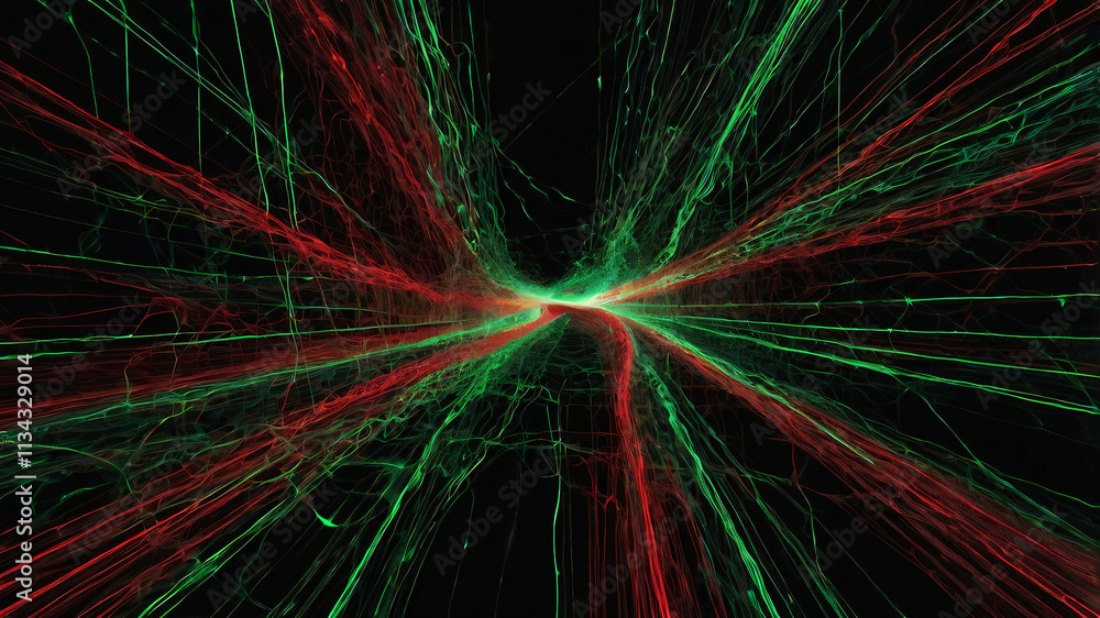 Poster abstract fractal design with glowing stars and dynamic waves in black, blue, and green, creating a v