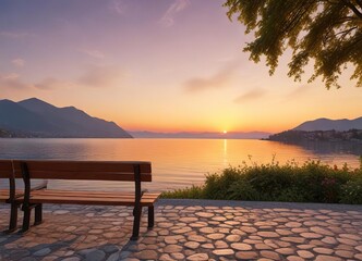 Wooden benches with a view of Lake Maggiore at sunset , golden hour, water reflection