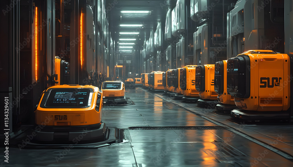 Poster a futuristic warehouse with automated robots for efficient storage and retrieval.