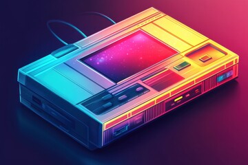 A colorful retro video cassette recorder with a vibrant, psychedelic glow against a dark background.