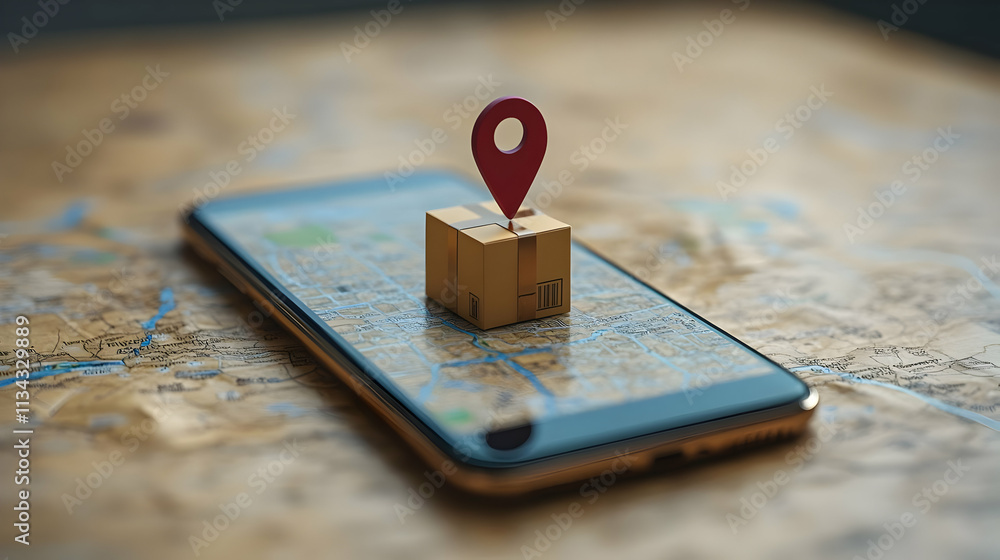 Poster a smartphone displaying a map with a delivery box and location pin, symbolizing tracking.