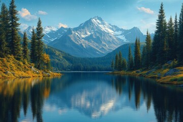 Serene mountain lake reflecting towering pine trees