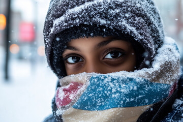 young kid bundled up during winter snow storm