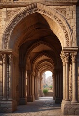 Obraz premium Ancient Romanesque arches with ornate stone carvings, historic building , architectural details, architectural feature