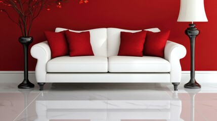 White Sofa Red Accents Modern Living Room Decor