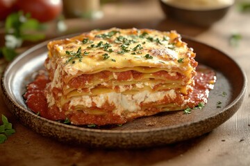 Delicious layers of cheese and pasta in a rich tomato sauce, garnished with fresh herbs.