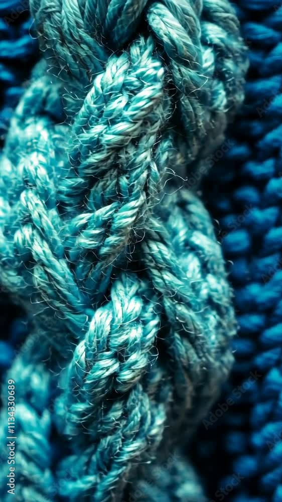 Poster close-up view of intertwined blue rope showcasing its texture and color variations in a textile sett